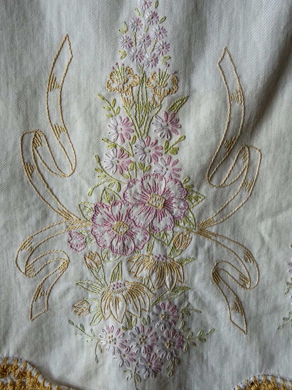 Vintage 38” Embroidered Floral Table Runner Yellow Lace Trim Cottagecore‎ Granny